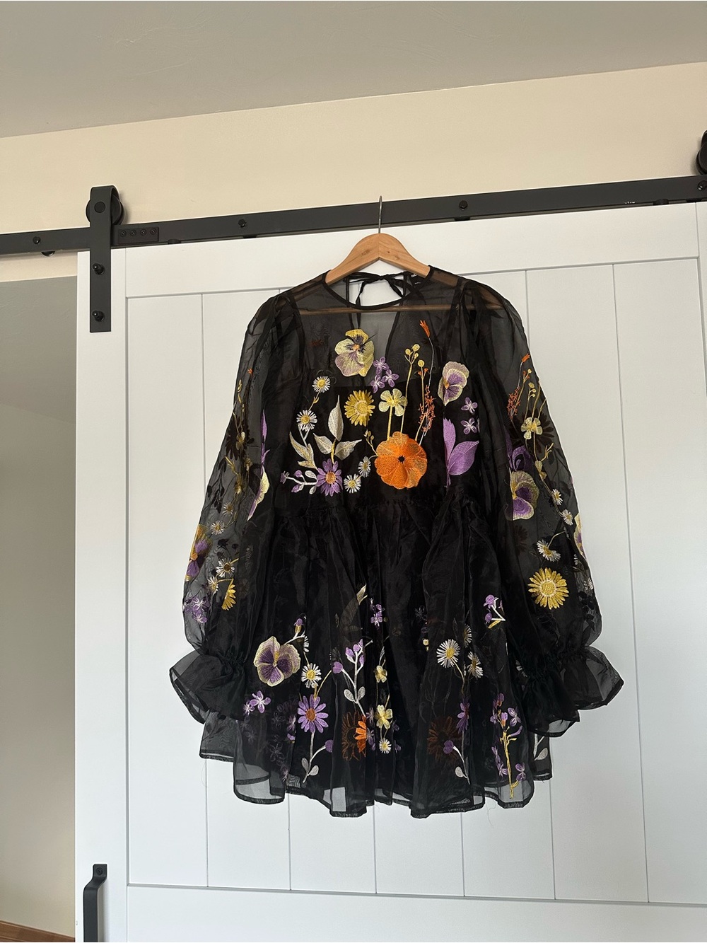 Floral Embroidered Organza Mini Smock Dress